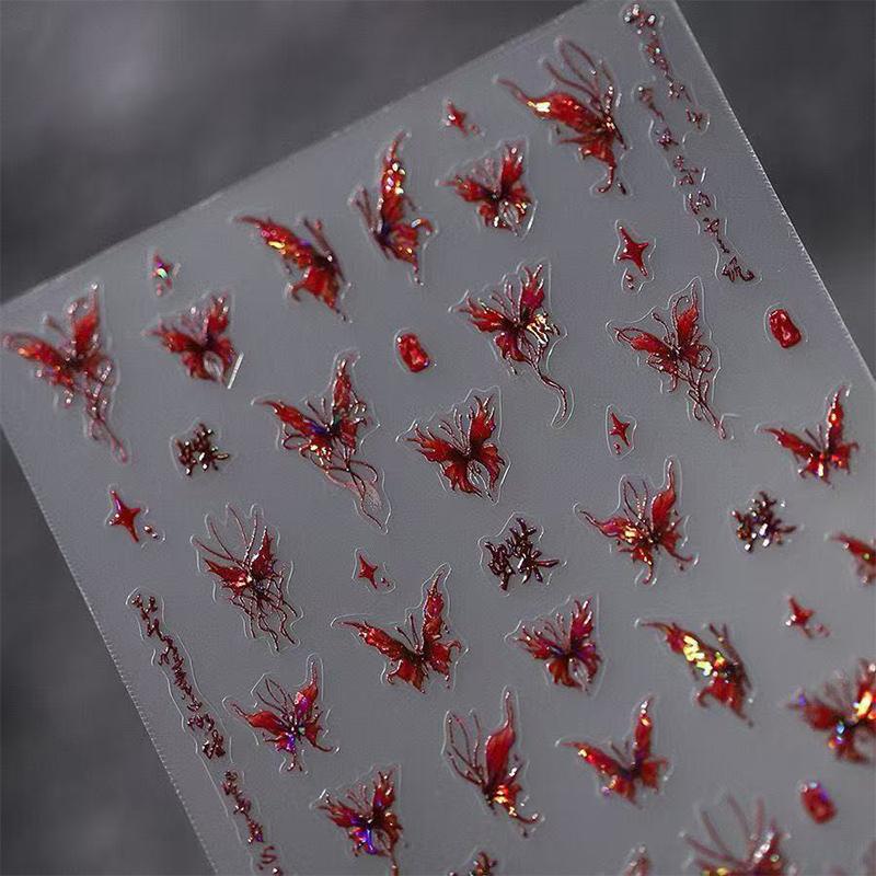 Red Butterfly Nail Stickers Flash Design Decals Self Adhesive Stereoscopic Nail Charm Decoration Accessories