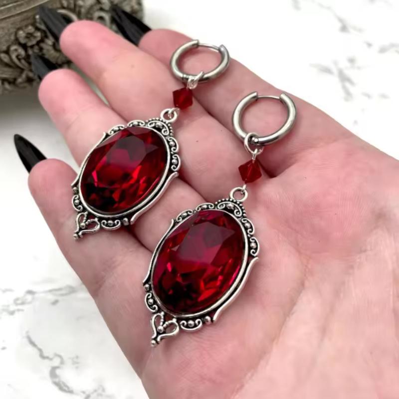 New Gothic Blood Red Color Oval Patterned Pendant Earrings, Women's Retro Trendy Holiday Accessories Zircon