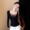 Korean Black Mesh V-neck Front Shoulder Long-sleeved T-shirt Women's Autumn and Winter Tight Slim-fitting Bottoming Shirt with Low-neck Top