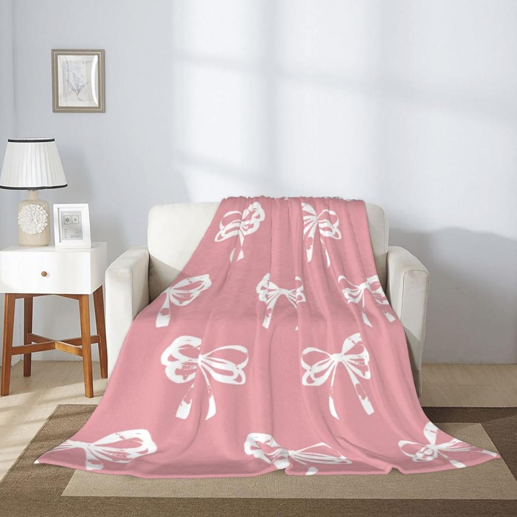 Pink Bow Fuzzy Blanket Cute Bowknot Throw Blanket Bowtie Cozy Flannel Blanket for Valentine's Day Home Bed Sofa Couch Chair