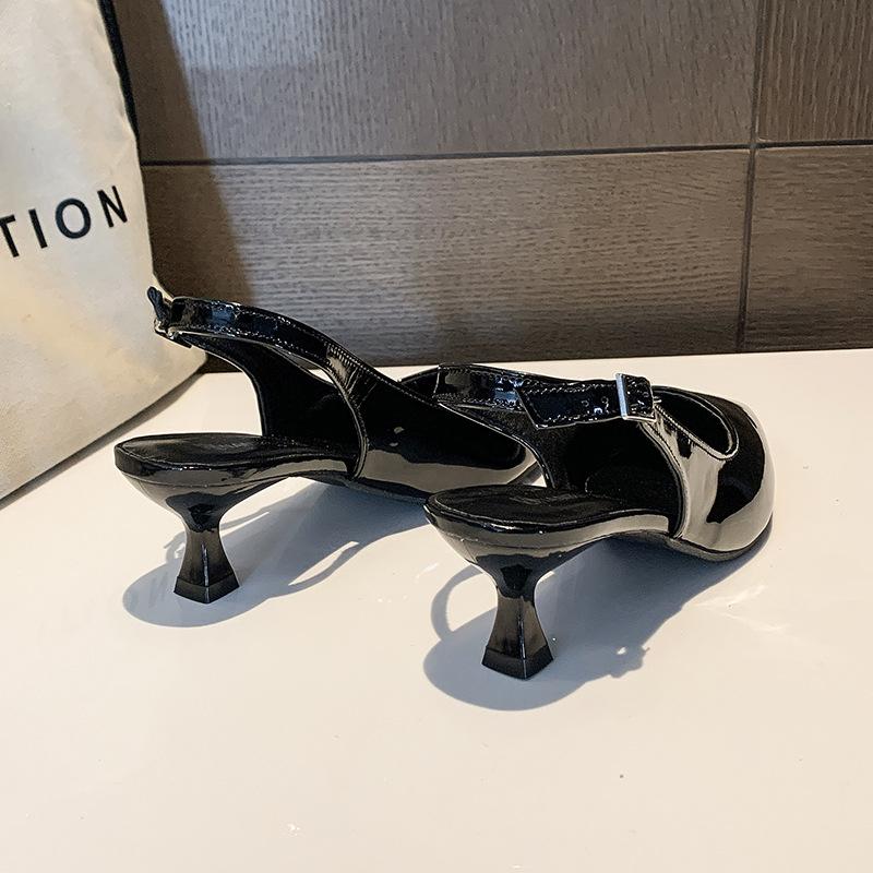 French Lacquer Leather Baotou Sandals for Women 2025 Summer New Versatile Fine Heel Pointed High Heels Mary Jane Shoes Slides 43