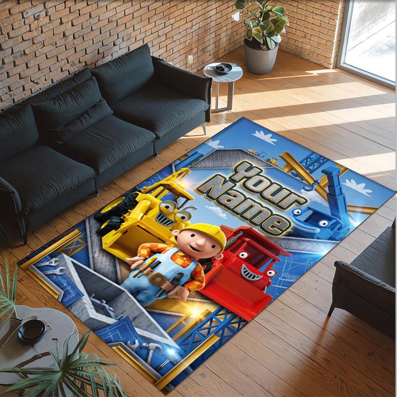 Personalized Crystal Velvet Carpet Custom Name Text,Bob the Builder Anti Slip Area Rug For Home Decoration