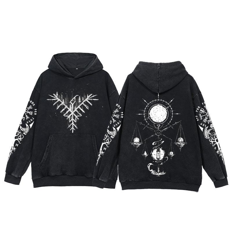 2024 Vikingové Mikiny Pánské Potisk Tetování Kyselý Wash Mikina Bavlna Volný Dlouhý Rukáv Pulovr Vintage Nadměrná Ležérní Mikina s Kapucí