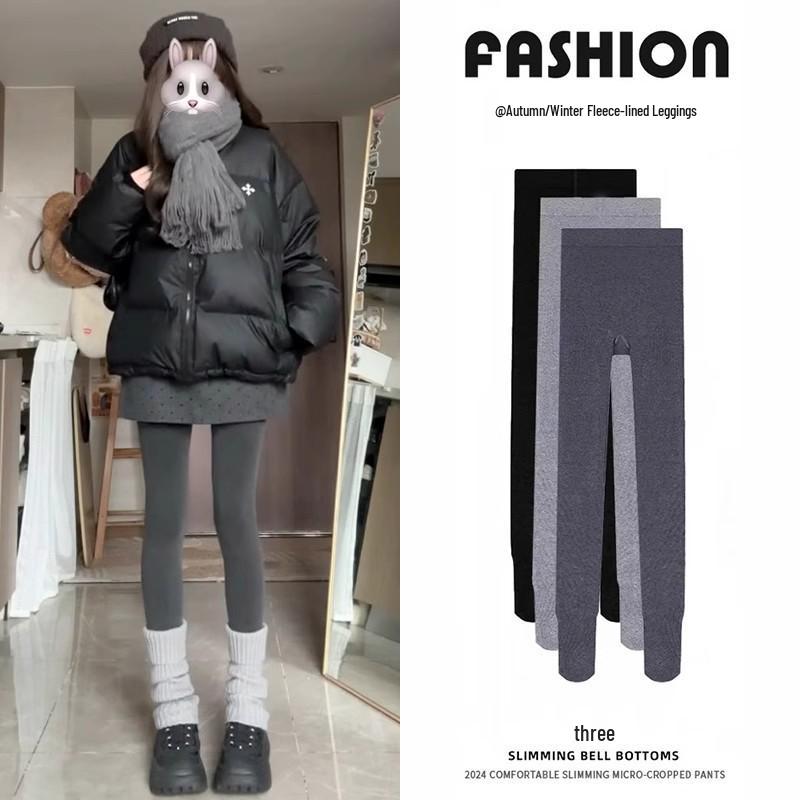 Dámské silné pruhované černé a šedé základní legíny s plusovým sametem na podzim a zimu - Hřejivé bavlněné punčochové kalhoty