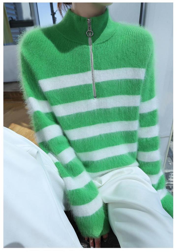 LeKasha Mink Cashmere Half-Zip Color Block Stripe Sweater