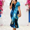 Women Plus Size V Neck Short Sleeve Printed Blue Fitted Fishtail Midi Dress
