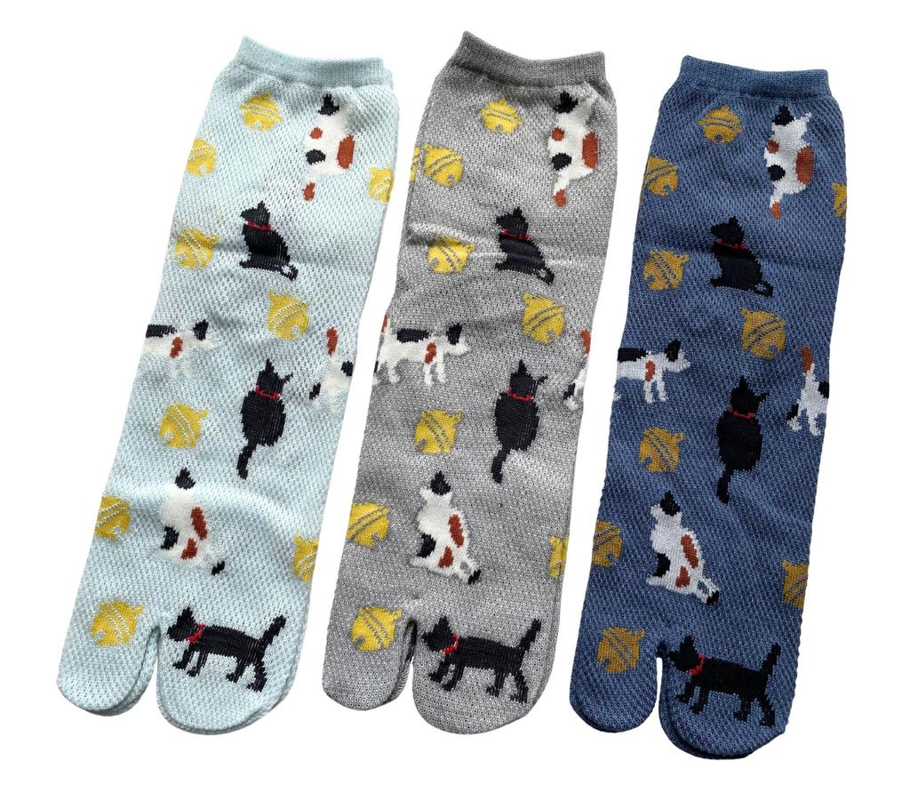 Mode Select Tabi Mesh Katze Japanische Größen 3er Set P11 Damen Japanische Socken, Strick, Druck, Muster, 22-25cm, (Verfügbare Farben)
