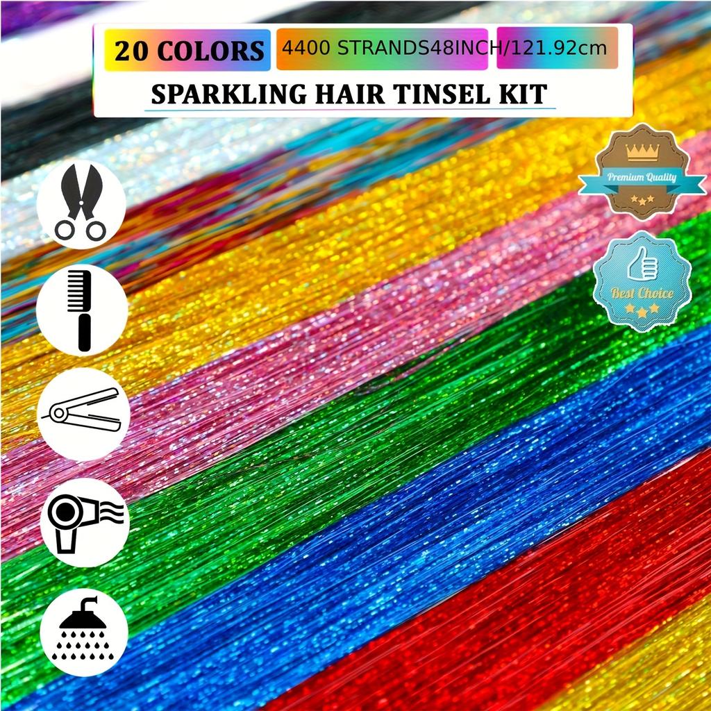 high quality6000 Strands Hair Tinsel Kit, 20 Colors, Glitter Heat-Resistant Hair Extensions, Fairy Hair Sparkle Tool Set, for Women & Girls, Party