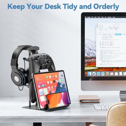 KDD Headphone Stand, Game Controller Holder & Headset Holder for Desk, Earphone Stand with Aluminum Support Bar, Universal Storage Organizer for Headp