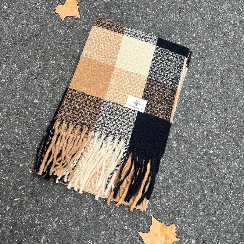 Korean Style Plaid Mohair Scarf - Women's Winter Imitation Cashmere Shawl