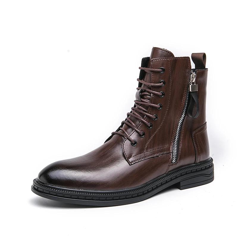 Punk Style Brown Leather Motorcycle Boots High Top Mens Casual Shoes Side Zipper Denim Boots Classics Male Ankle Boots Footwear