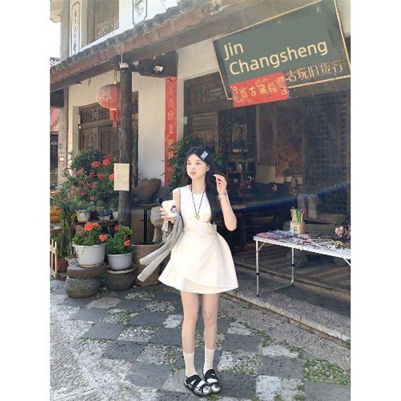 

Kumikumi Sweet Girl Style Simple Temperament White Dress Women Summer Fresh round Neck Sleeveless Vest Dress White L