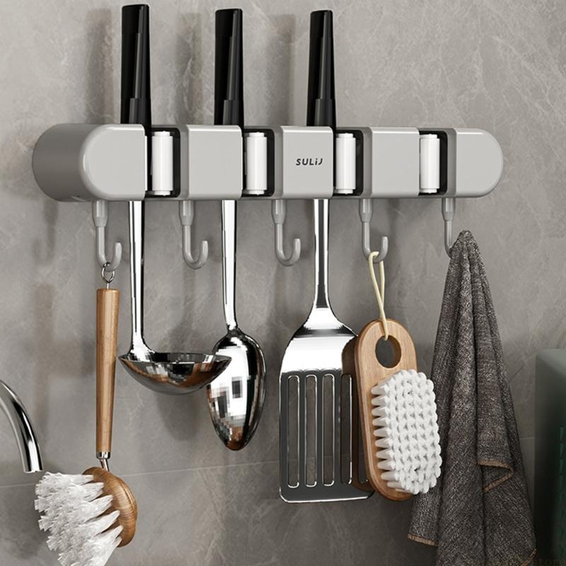 QX2E Mop and Broom Holder with 5 Hooks Wall Mount Broom Grippers Holds Adhesive No Drilling Broom and Dustpan Hanger