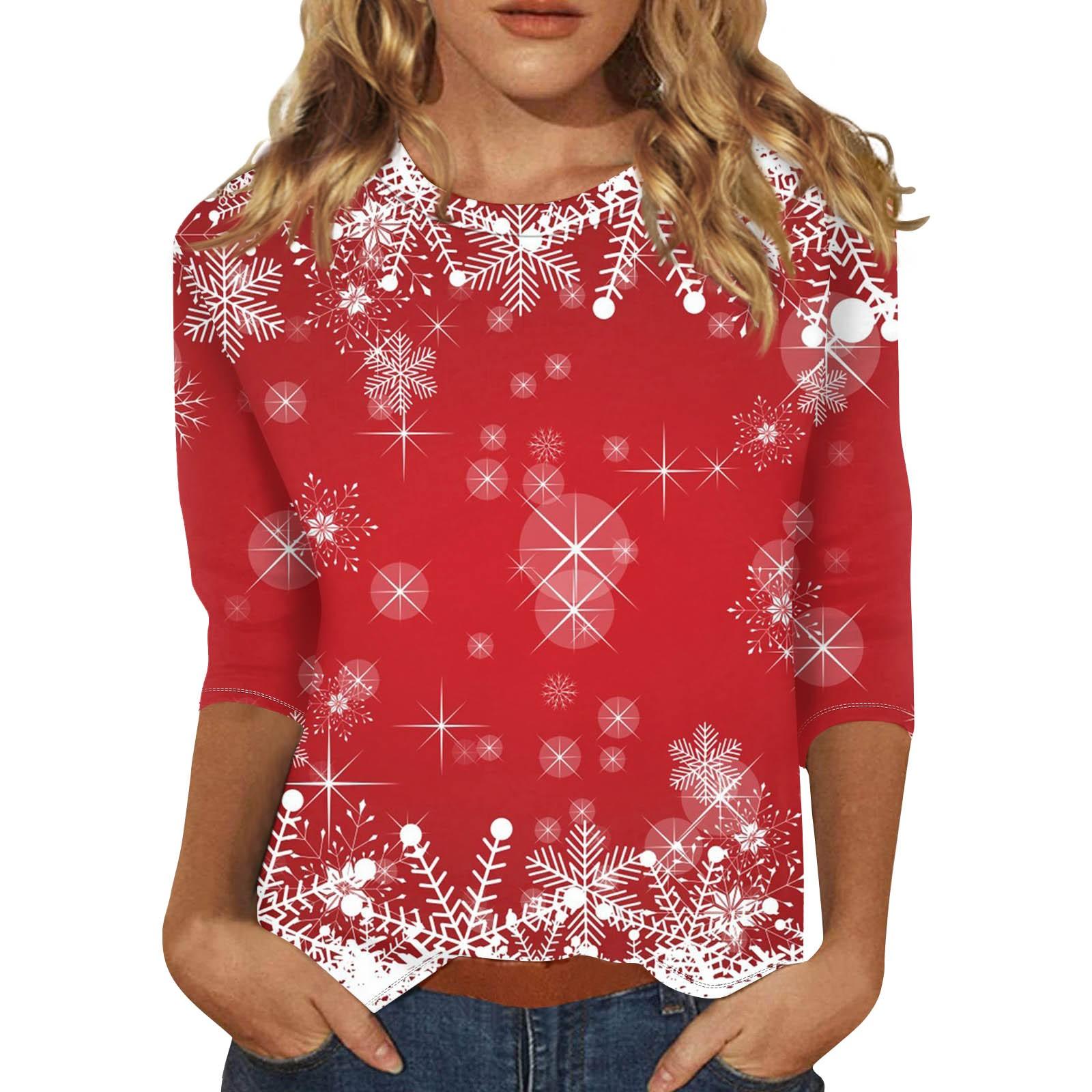 

Женская мода повседневная рубашка с круглым вырезом и рождественским принтом, семь рукавов S