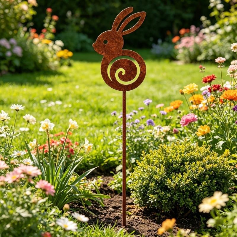 Rusty Animal Yard Stake Decoration for Lawns and Porch Edges, Metal Garden Stake with Weathered Finish and Easy Soil Placement