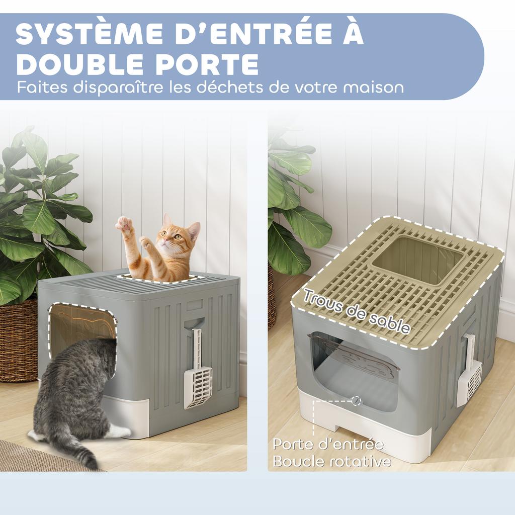 Cat Litter Box, Sliding Drawer, Lid, 2 Adjustable Doors, Detachable Scoop, 48 x 38 x 38.5 cm, Grey