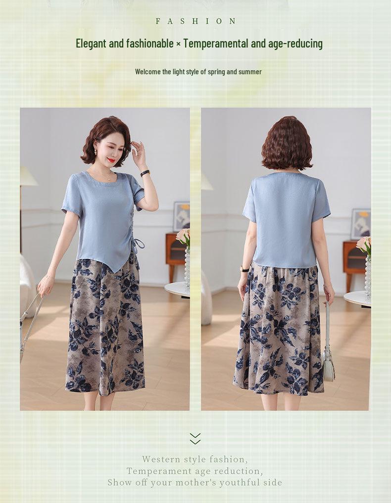 Summer Two-Piece Set for Mature Women: Stylish Short-Sleeve Top and Skirt Dress