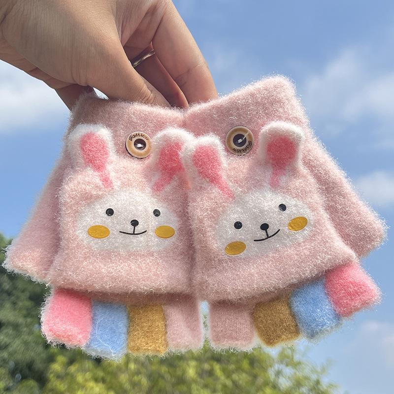 1 Paar warme Cartoon-Kinderhandschuhe für Jungen und Mädchen, süße Tierhasen-Halbfingerhandschuhe, süße Herbst- und Winter-Warmhandschuhe für draußen