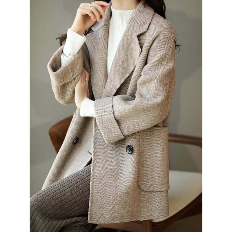 Women's Medium-length Flip Collar Long Sleeved Coat Fashion Loose Thin Casual Versatile High-end Tweed Jacket Spring and Autumn