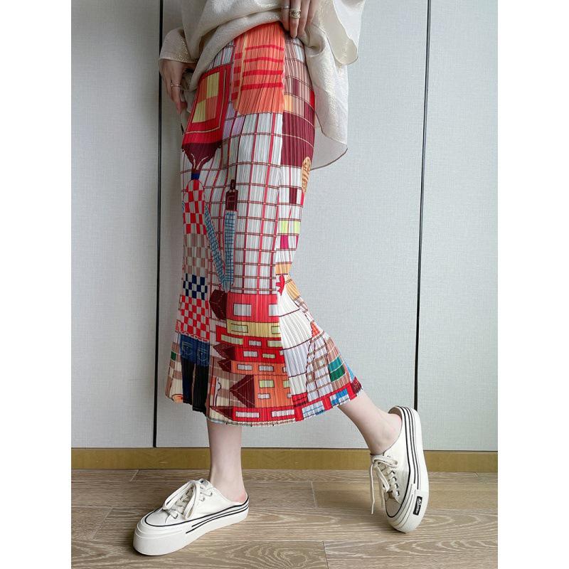 Miyake Cartoon Character Pleated Mid-Length Skirt with Plaid Print and Back Slit