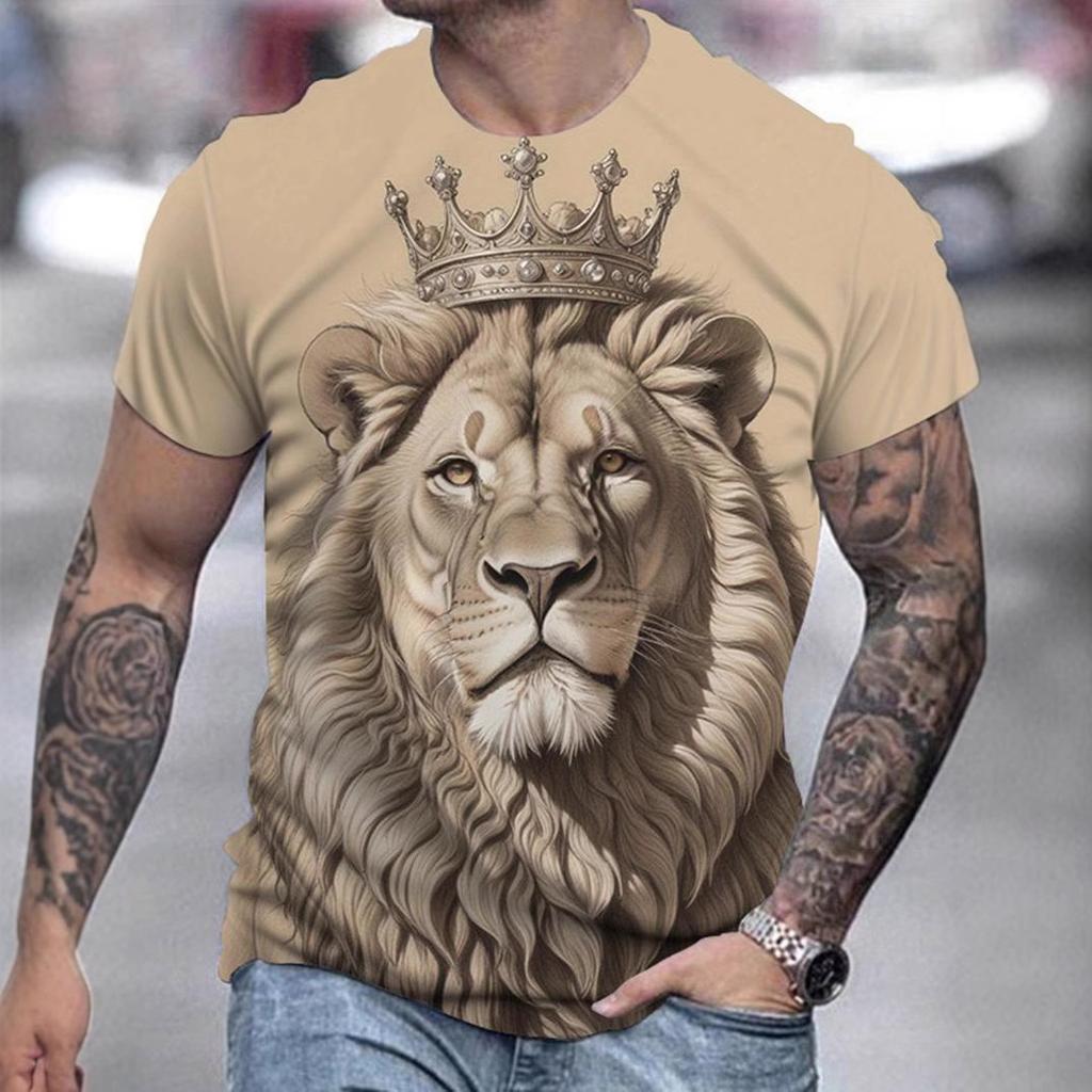 3D Lion Pattern Printed Short Sleeved Cool and Loose Summer Round Neck Top Men's T-shirts