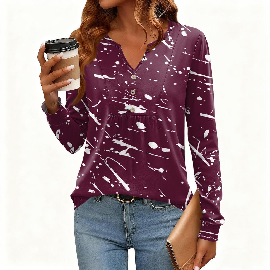 Γυναικείο Χαλαρό, V-λαιμόκοψη, Ρετρό Χρώμα, Μπλοκ με Φλοράλ Σχέδιο, Μακρυμάνικο Πουλόβερ T-shirt