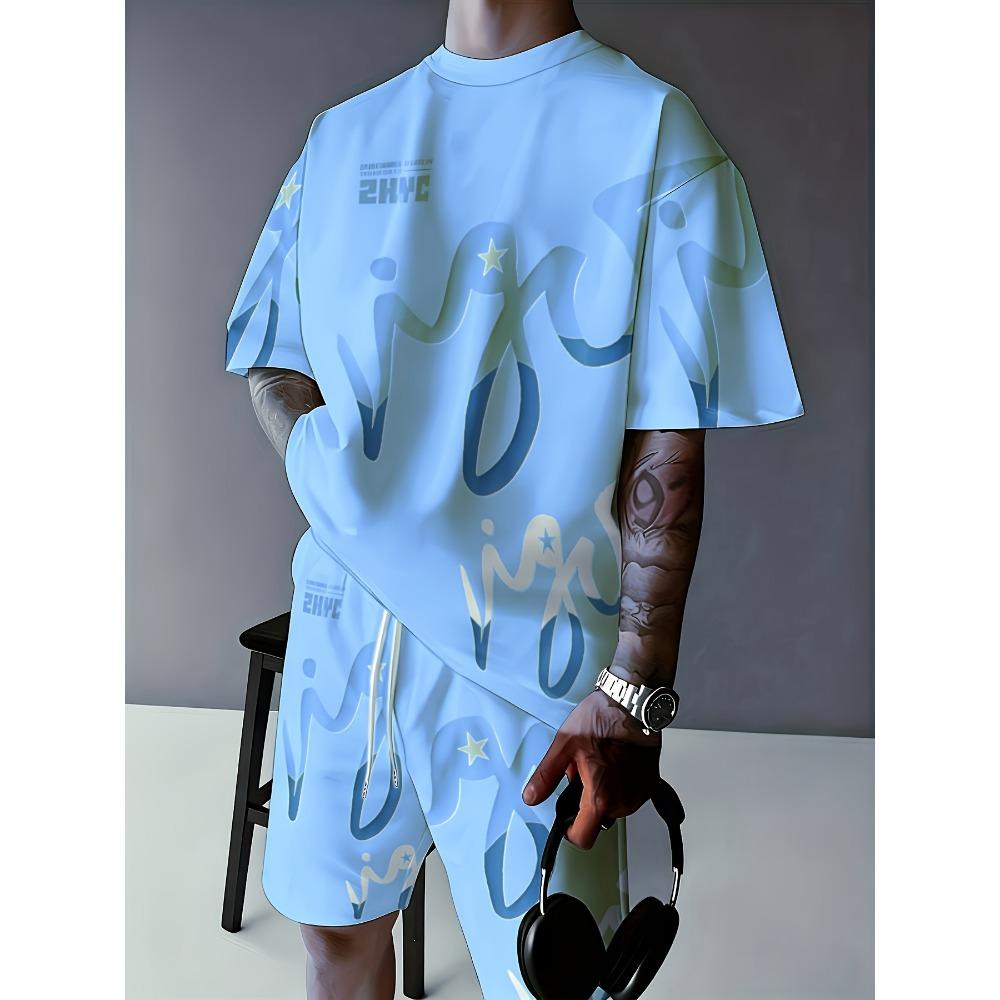 2026 Summer American Men's T-shirt Set for Outdoor Sports Fashion Casual Soft Breathable with 3D Graffiti Pattern Print