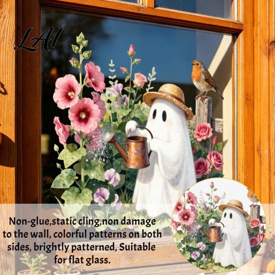 Decorative Static Clings Halloween Ghost Flower/Ghost/Spider Web Window Stickers Waterproof PVC Clings Holiday Party Supplies Removable Decals