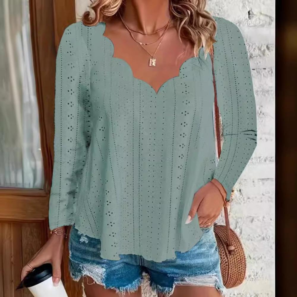 Scallop Trim V Neck T-Shirt, Casual Solid Color Lettuce Trim Eyelet Long Sleeve Top For Spring & Fall, Women's Clothing