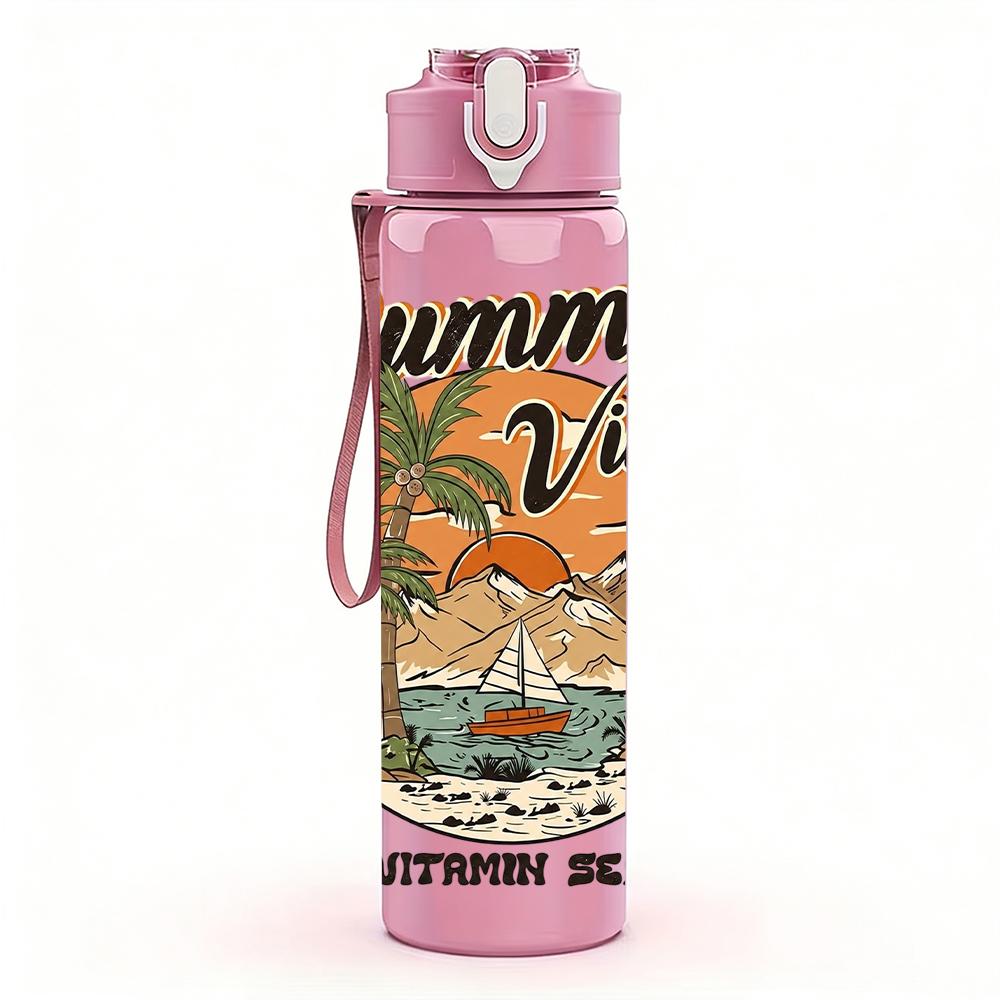 1PC Retro Beach Summer Vibes Poster 750ml Color Plastic Sports Water Bottle Leakproof Flip Straw Lid Suitable for Sports Office Home Use