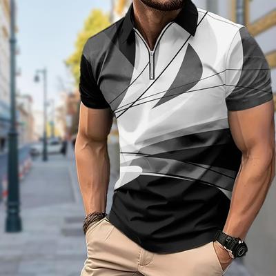 Men's Shirt Polo Casual Zip Short Sleeve Fashion Casual Zipper Summer Spring Regular Fit Line Colored Light 3D Print Shirt