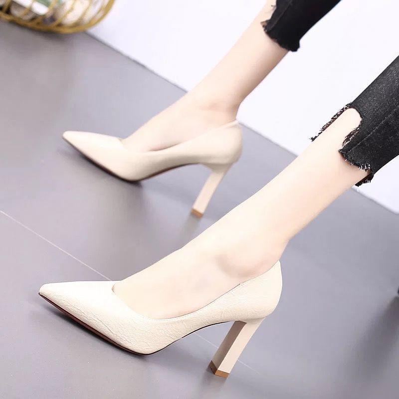 2025 Spring and Autumn New Pointed High Heels Thick Heel Light Mouth Fashion Versatile Professional Temperament Four Seasons Black Single Shoes Women