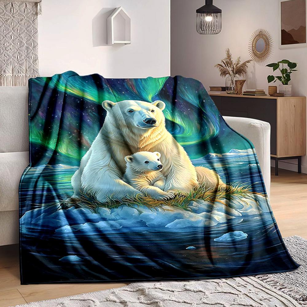 1pc Polar Bears Aurora Blanket, Lightweight Flannel Throw Blanket For Sofa, Bed, Travel, Camping, Living Room, Office, Couch, Chair, And Bed