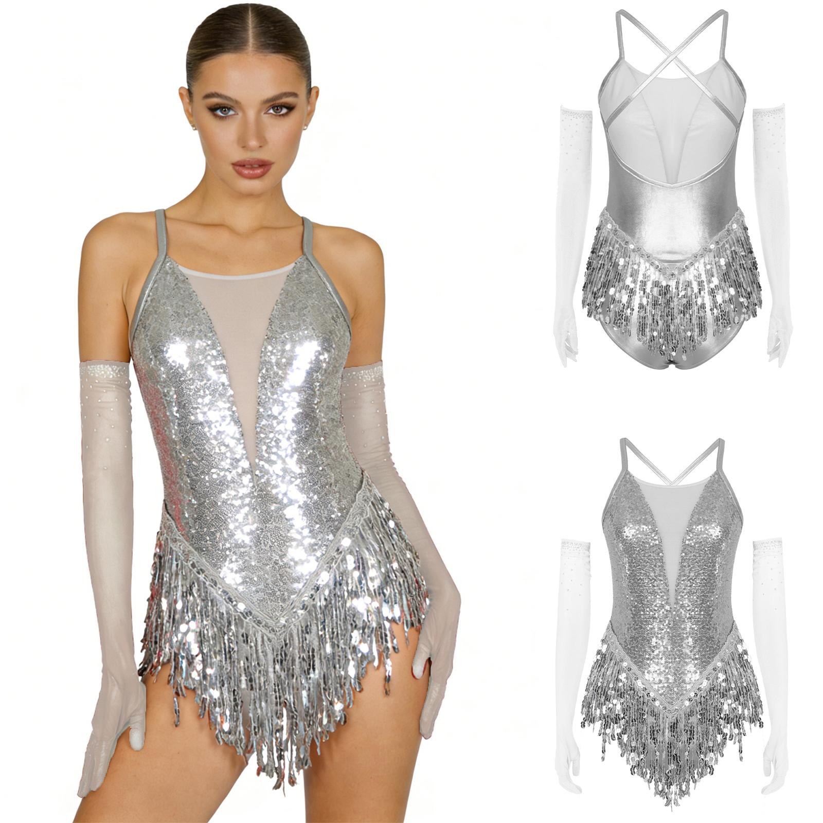 

S-XXL Women Latin Dance Costume Cross Back Sparkling Sequins Fringed Leotard with Gloves for Tango Rumba Cha-Cha Samba Performance XXL срібний