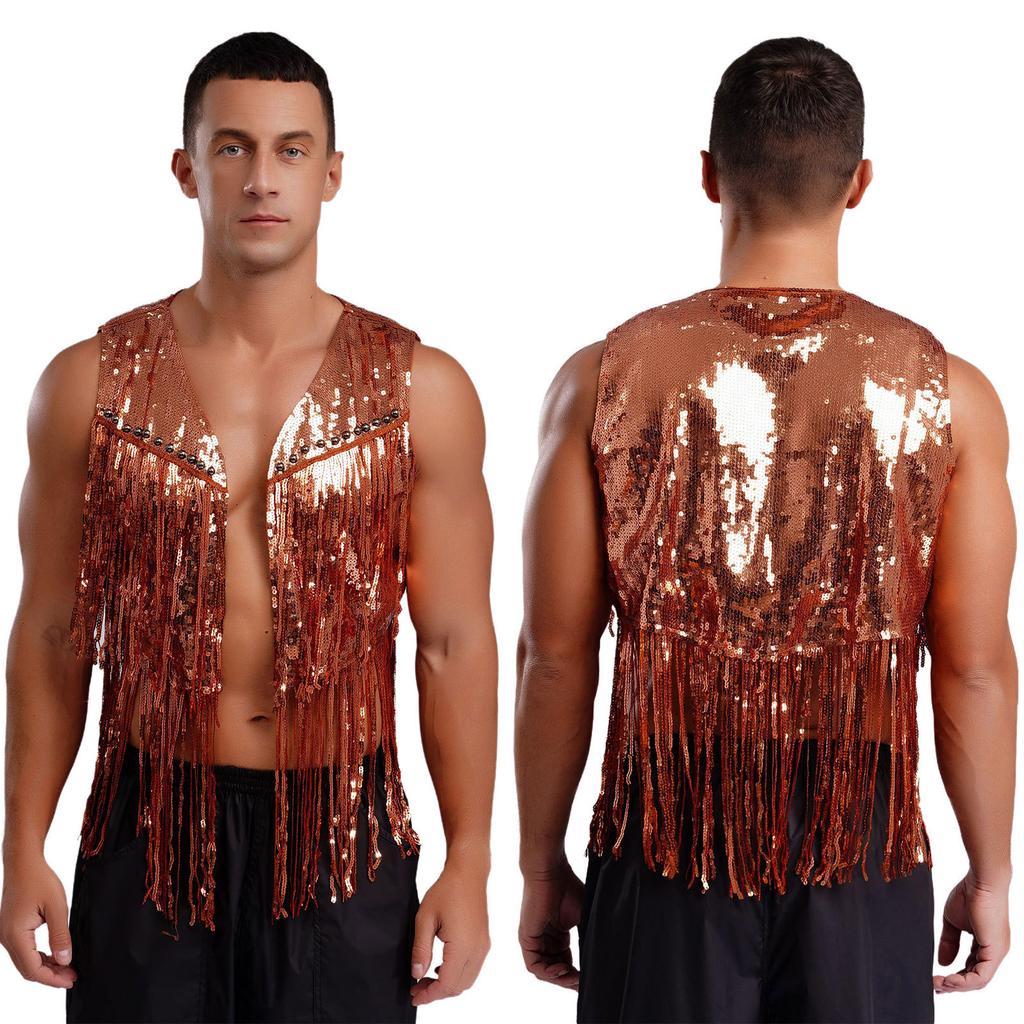 Men Sparkly Sequin Cowboy Vest Open Front Tassel Rivets Shiny Western Waistcoat for 70s Disco Club Parties