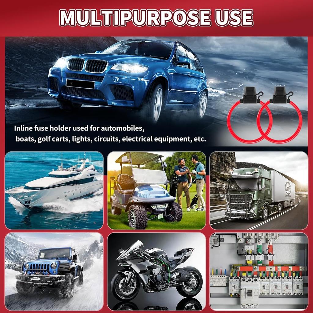 Inline Fuse Holder 12V 2 Pack, Extended Version 12 AWG Waterproof Blade Fuse Holder 13.8 Inch, in Line Fuse Holders 12V with 2 Pcs Standard Car Fuses