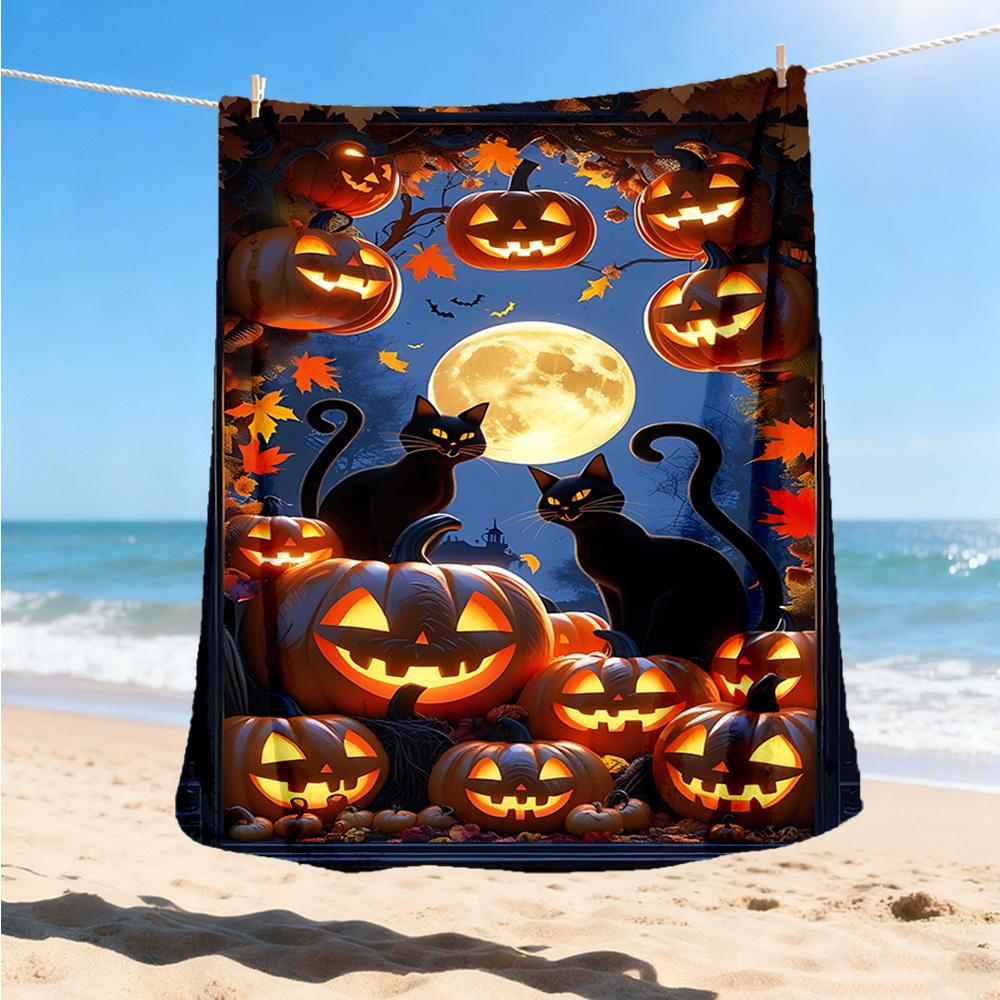 1pc Pumpkins Black Cats Throw Blanket Polyester Fiber, Lightweight Flannel, Soft & Warm, All Season Use for Outdoor, Camping Digital Print