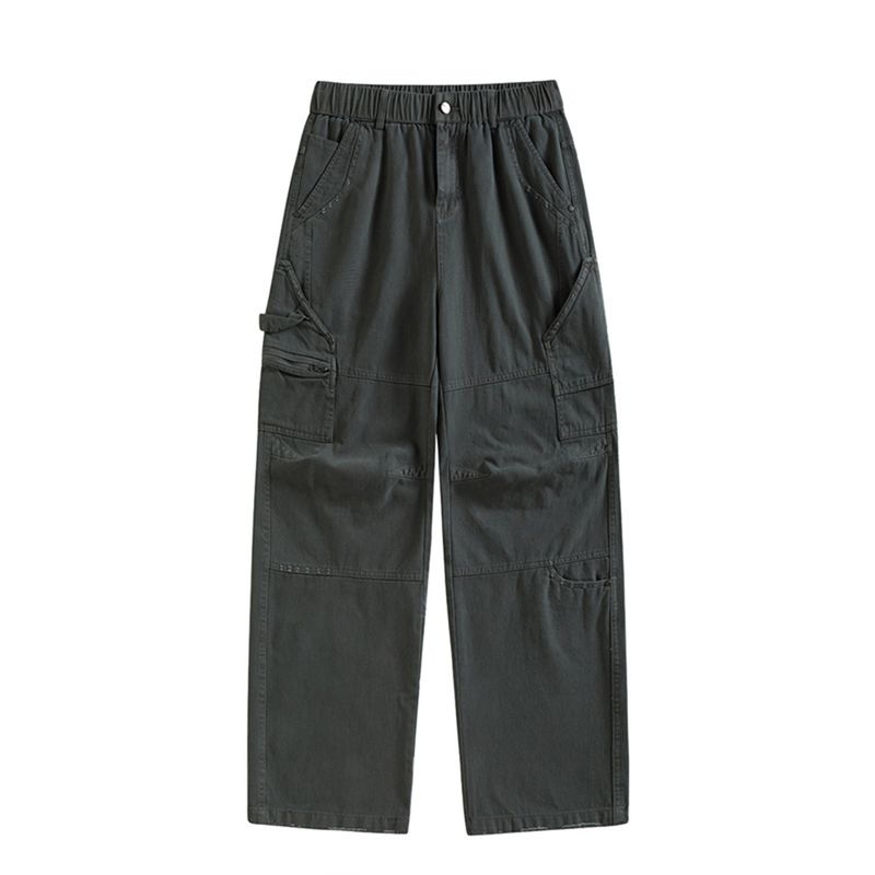 Original Export American Retro Heavy-Duty Work Pants for Men, Loose Wide-Leg Washed Multi-Pocket Elastic Waist Casual Pants