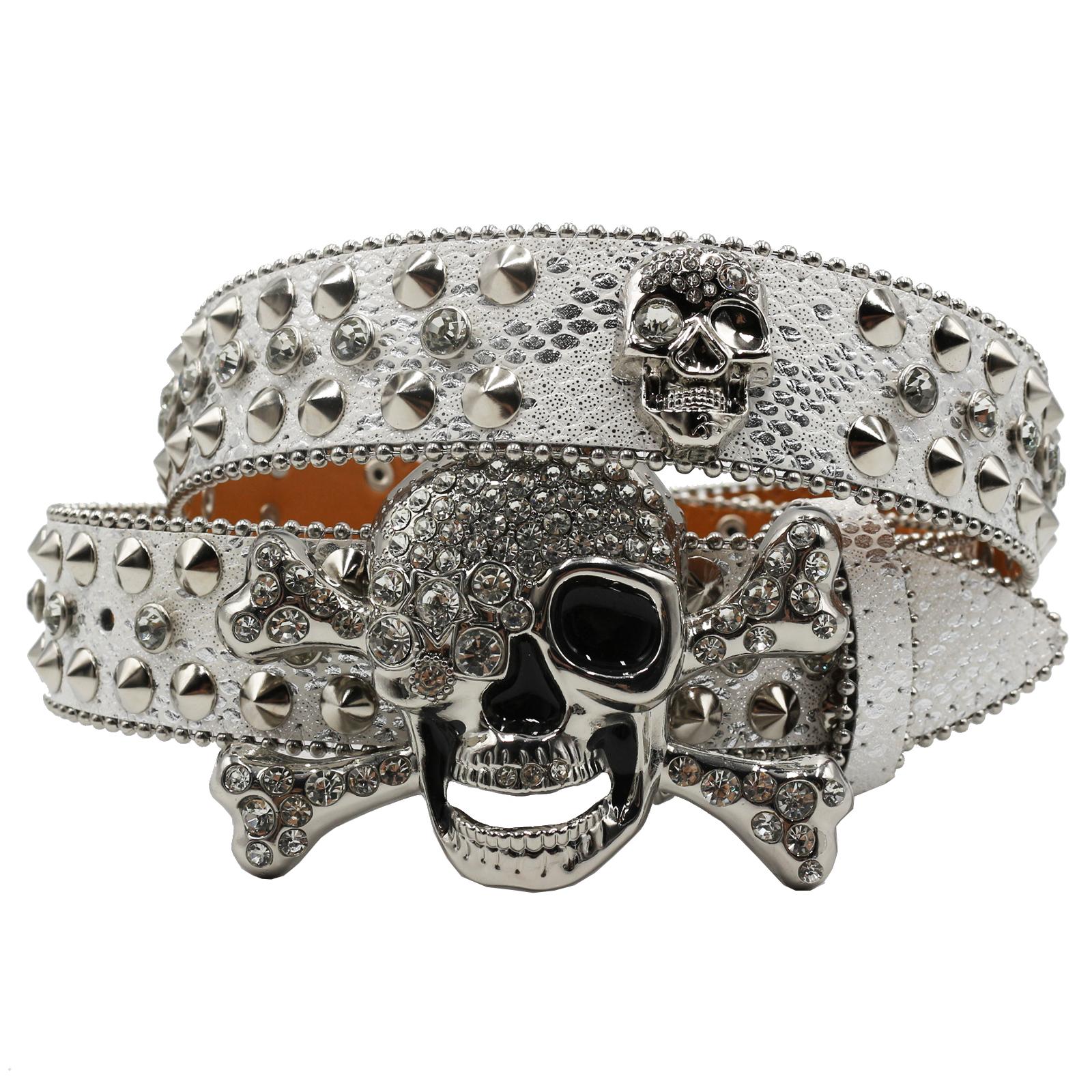 Maikun Women s Skull Rhinestone Belt Men s European and American Style Pin Buckle Belt Cowboy Style Fashion diamond 105CM