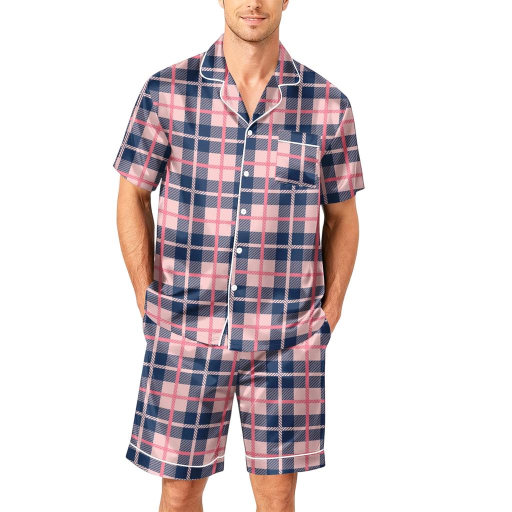 Men Short Sleeve Pajama Set Button Down Shirt with Notched Collar and Matching Shorts Soft Lightweight Lounge Sleepwear S To XXXXL