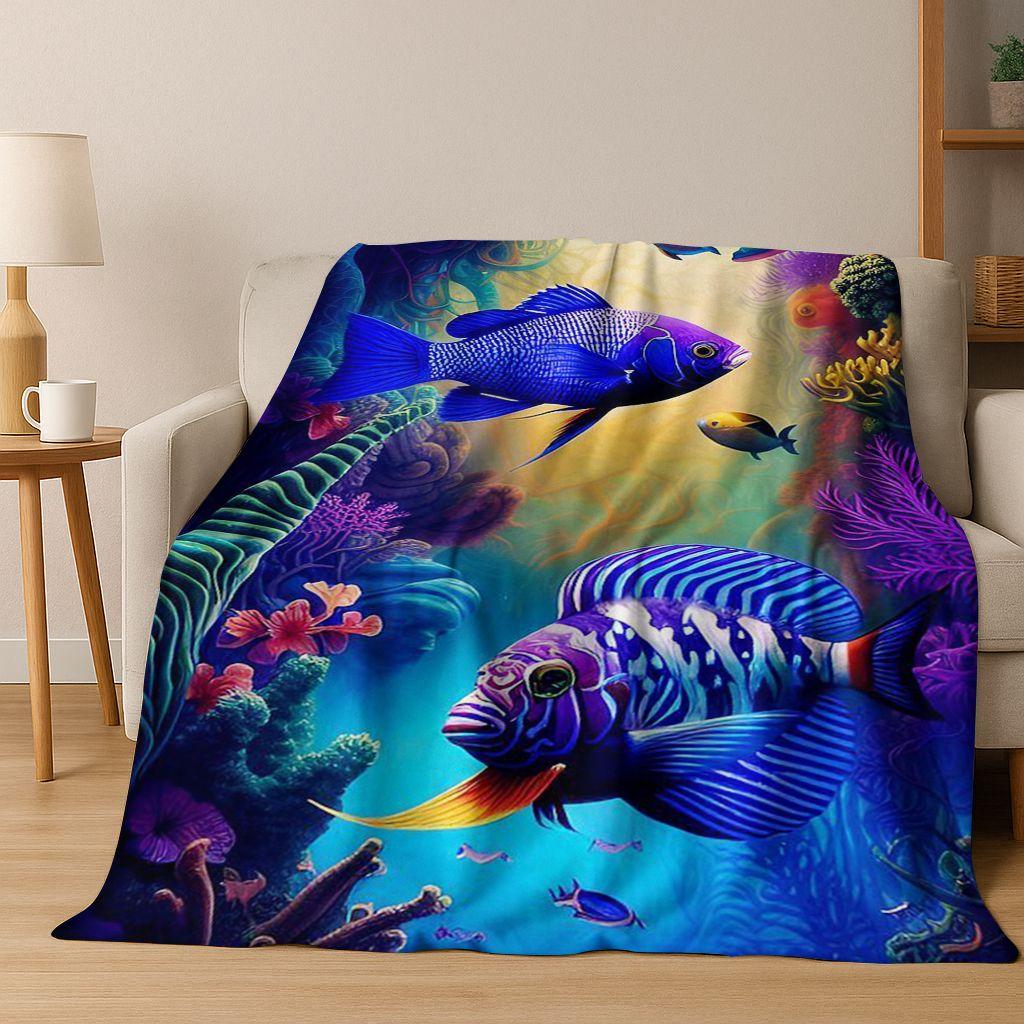 2026 New Underwater World Sea Dolphin Turtle Coral Art Flannel Blanket,Cozy Soft Throw Blanket for Home Bedroom Bed Sofa Kids