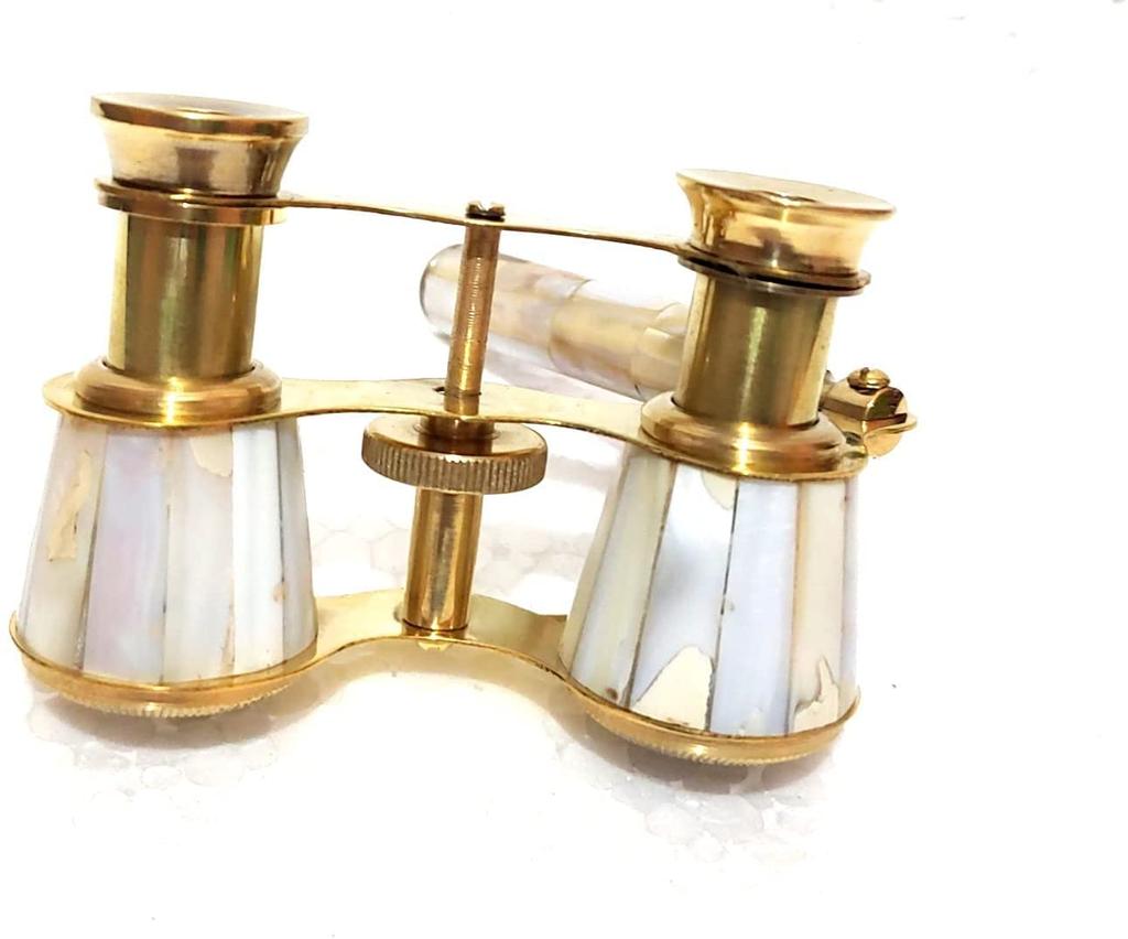 Antique Brass Made Binocular Telescope with Handle Golden and White Colour Travelling Telescope Vintage