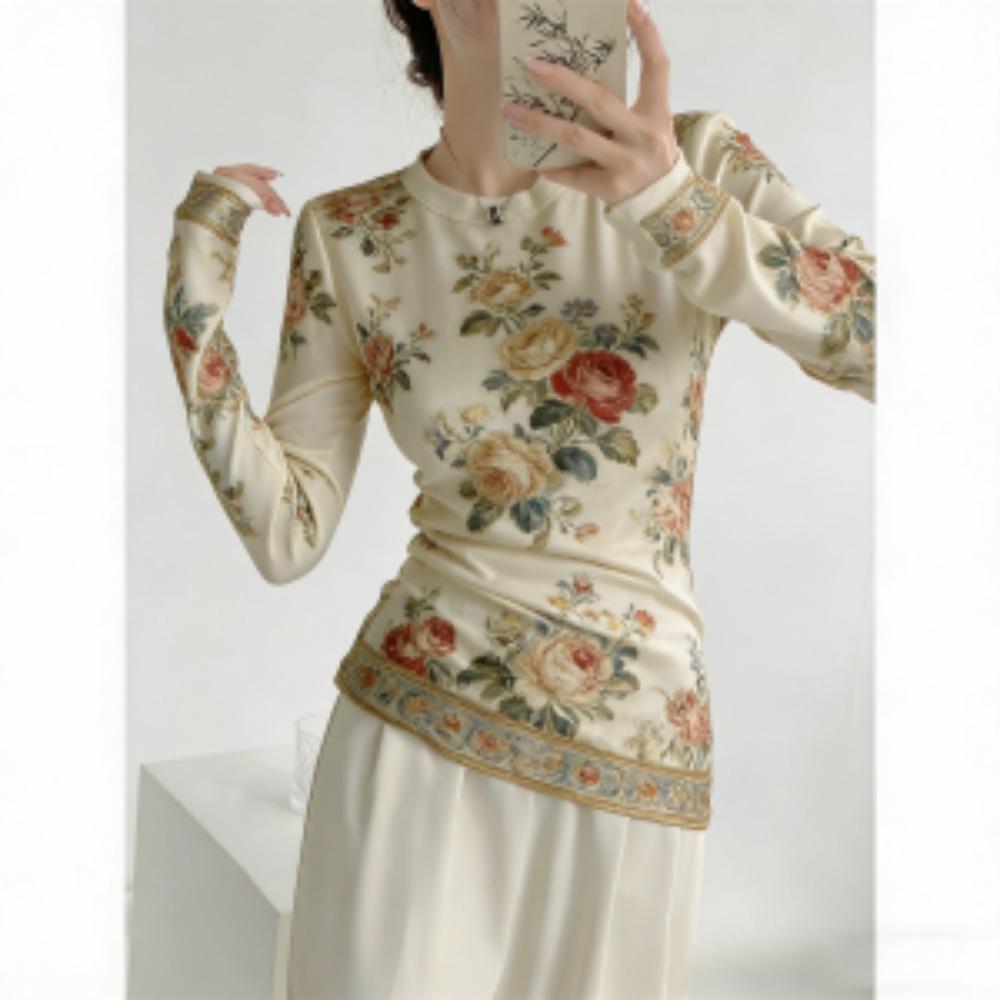 Европа Америка Стиль Клетчатый Цветочный Принт Модная Женская Футболка Пуловер Женская Одежда с Длинным Рукавом Повседневная Футболка для Улицы Топ S