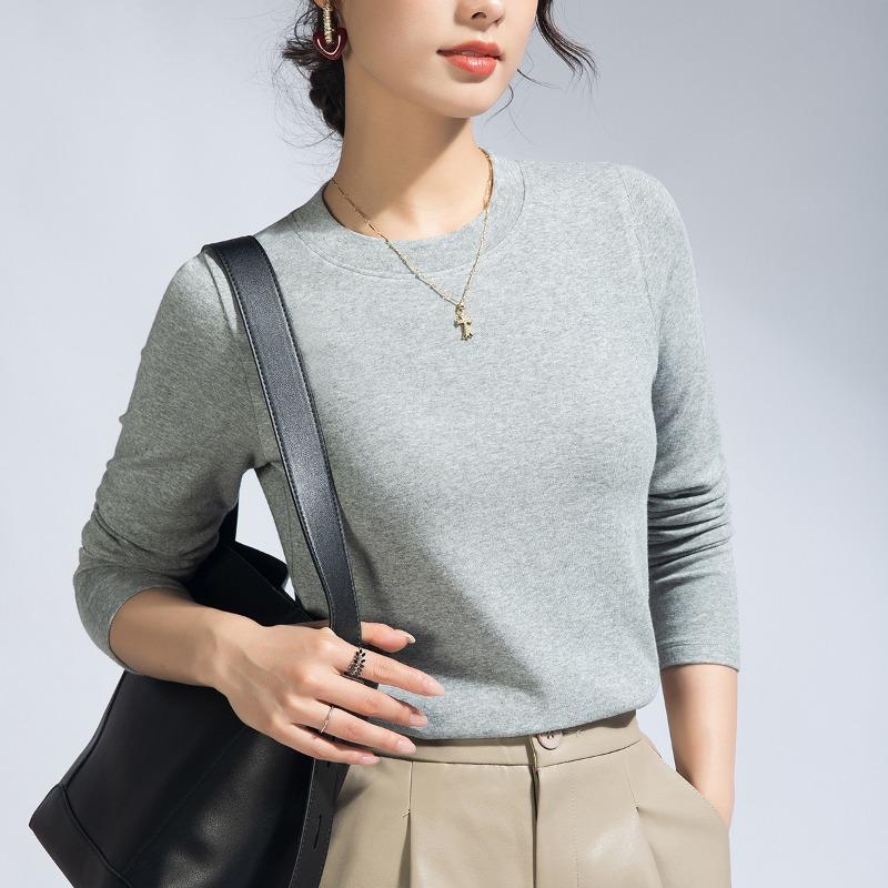 White Long-sleeved Women's Summer New Commuter Inner Shoulder Crew Neck Bottoming Shirt Xinjiang Cotton Top