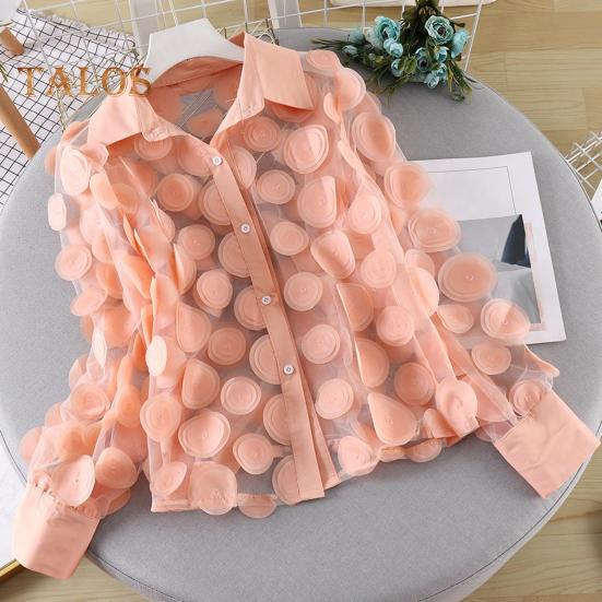 Women Summer Chiffon Shirt Lapel Lantern Long Sleeve Shirt Tops 3D Floral Print Semi-Sheer Mesh Splicing Single Breasted Blouse
