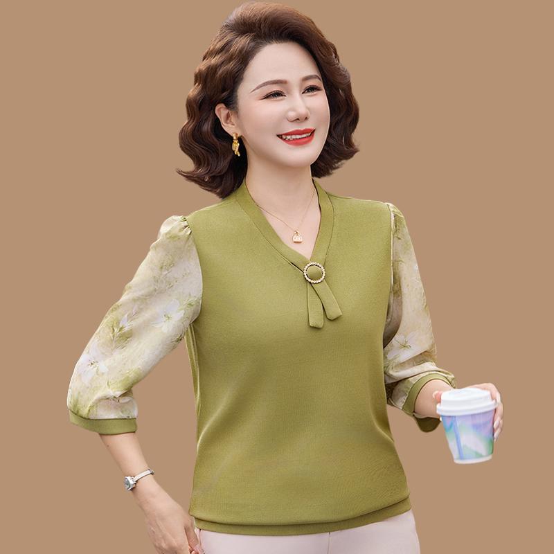 

Chic Gauze Sleeve Knit Top for Moms: Loose Fit, Seven-Point Sleeves, Ideal for Spring/Summer, Perfect for Middle-Aged & Elderly Women. XL 99-105 lbs зелёный