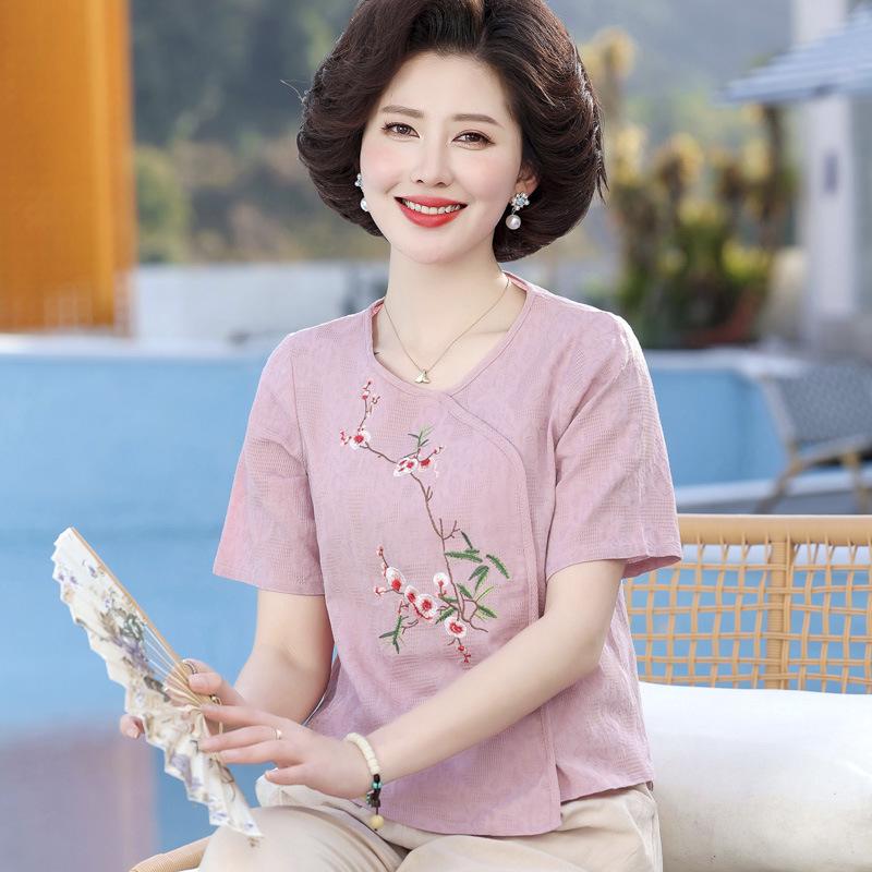 

2026 New Stylish Cotton-Linen Summer Maternity T-Shirt for Middle-Aged and Elderly Women L (80-100 jin) розовый/фиолетовый