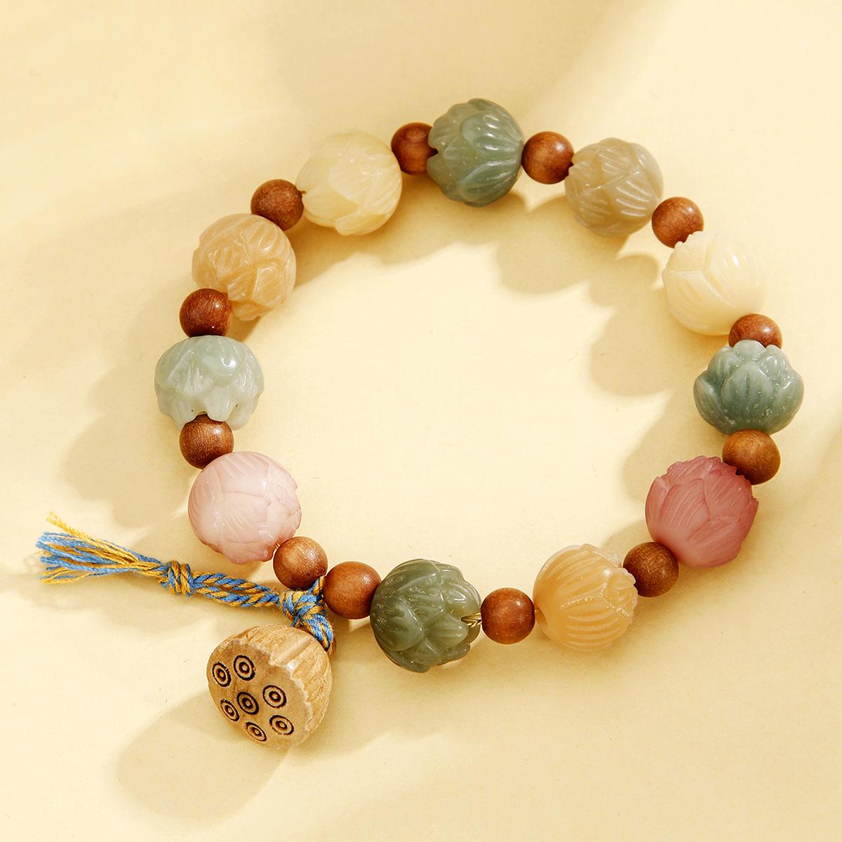 Lotus DIY Bracelet with Hand-Carved Bodhi String, Aquatic Agate & Multi-Treasure Buddhist Beads