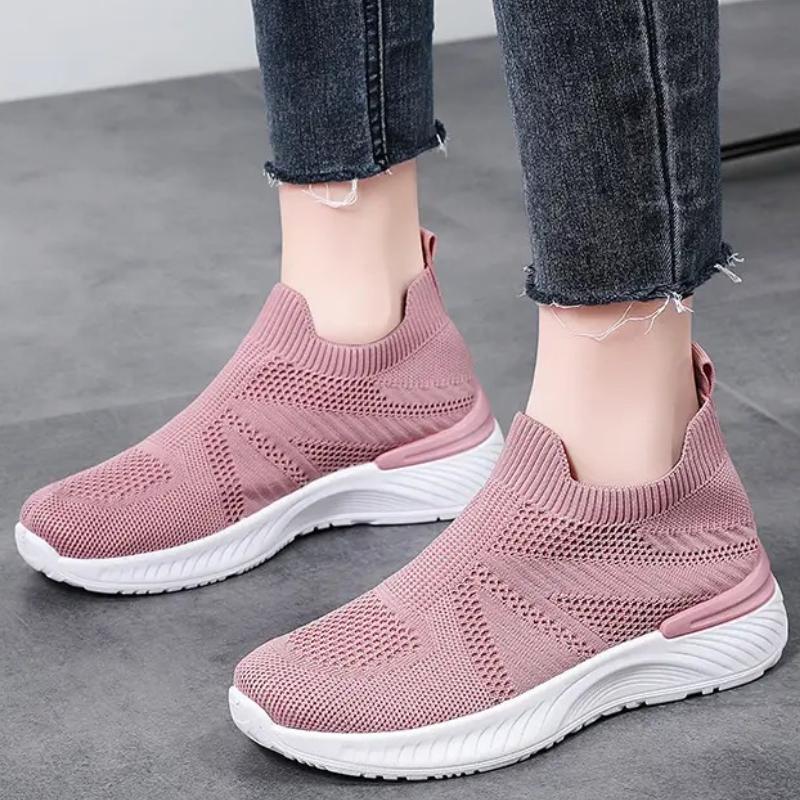 Breathable Mesh Women's Running Shoes Knitted Casual Sneakers Soft Walking Shoes Slip-on Flats Socks Shoes