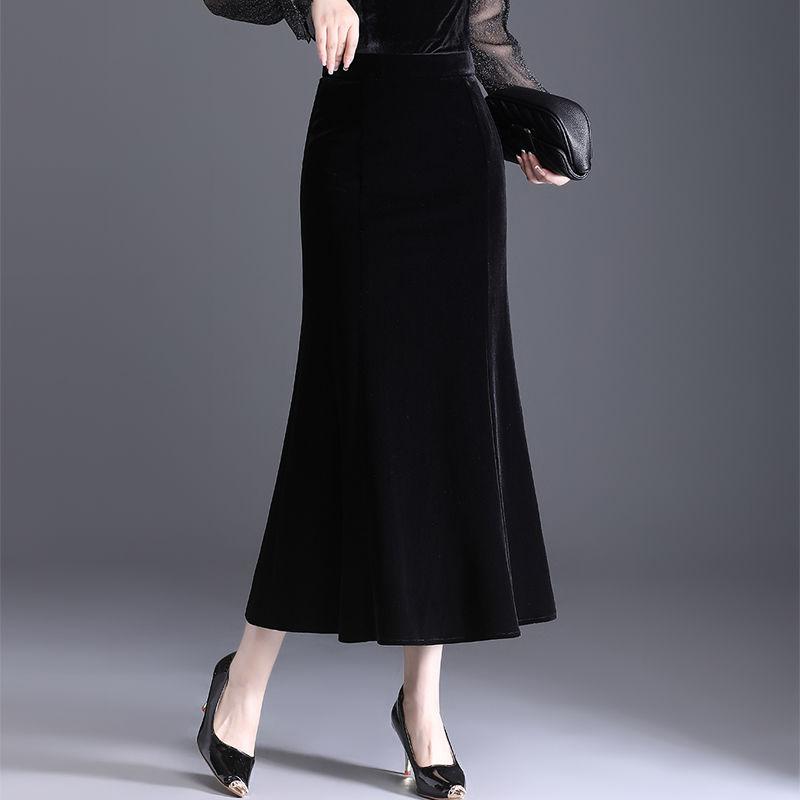 Autumn Winter Velvet Pencil Skirt High Waist Slim Fit Stretchy Wrap Fish Tail Midi Skirt Elegant Bodycon